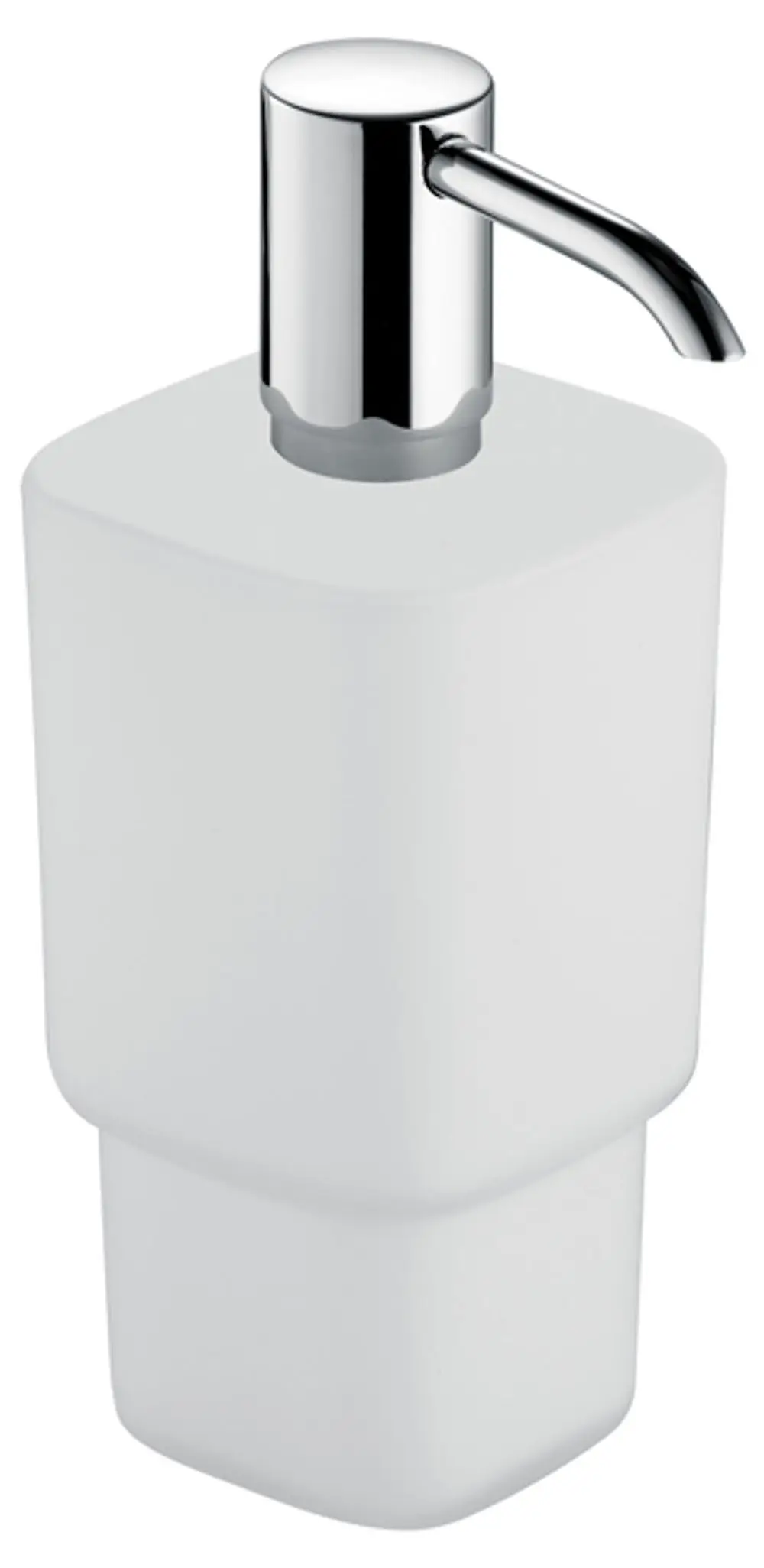 Lotionspender aus opalglas mit mattierter Oberfläche von Keuco, ausgestattet mit einem hochglänzenden Pumpspender. Ideal für Tisch- oder Waschtischnutzung.